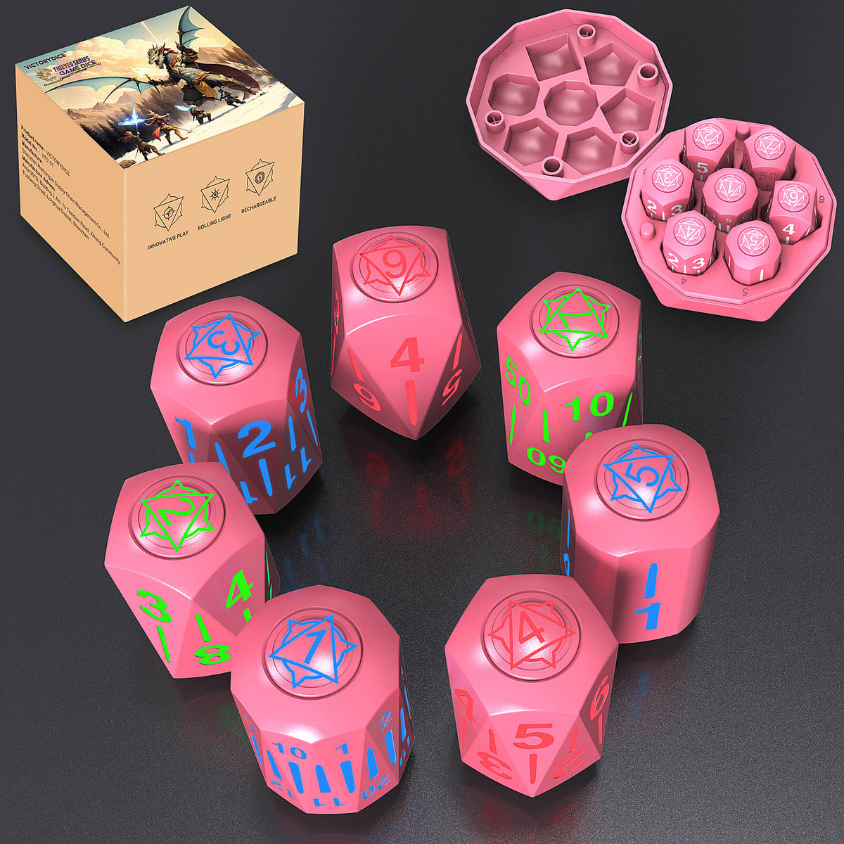 7Pcs Pink RPG Role Playing Game Dice Set with Charging Box, Silicone Light up DND Dice Dungeons and Dragons D&D Dice Glow in The Dark Dice